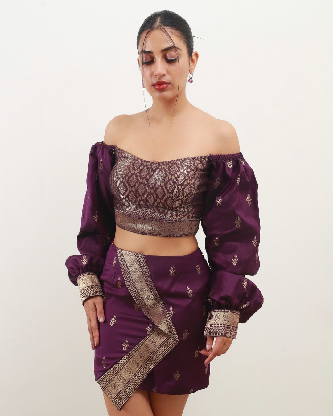 Purple Off-Shoulder Crop Top & Skirt Set