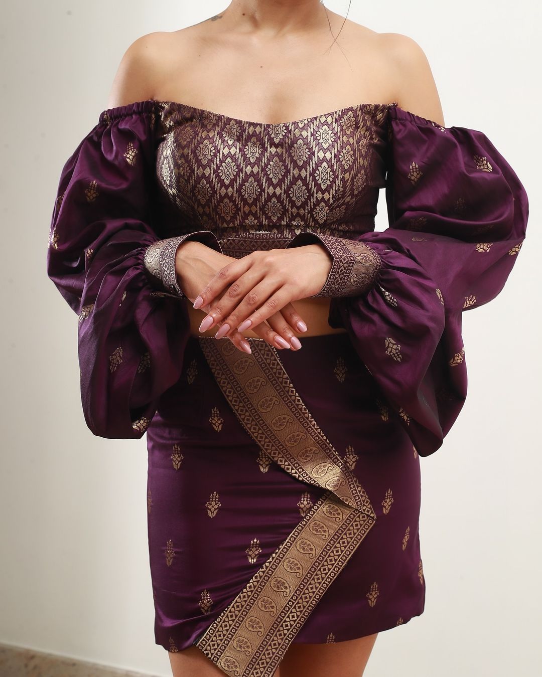 Purple Off-Shoulder Crop Top & Skirt Set