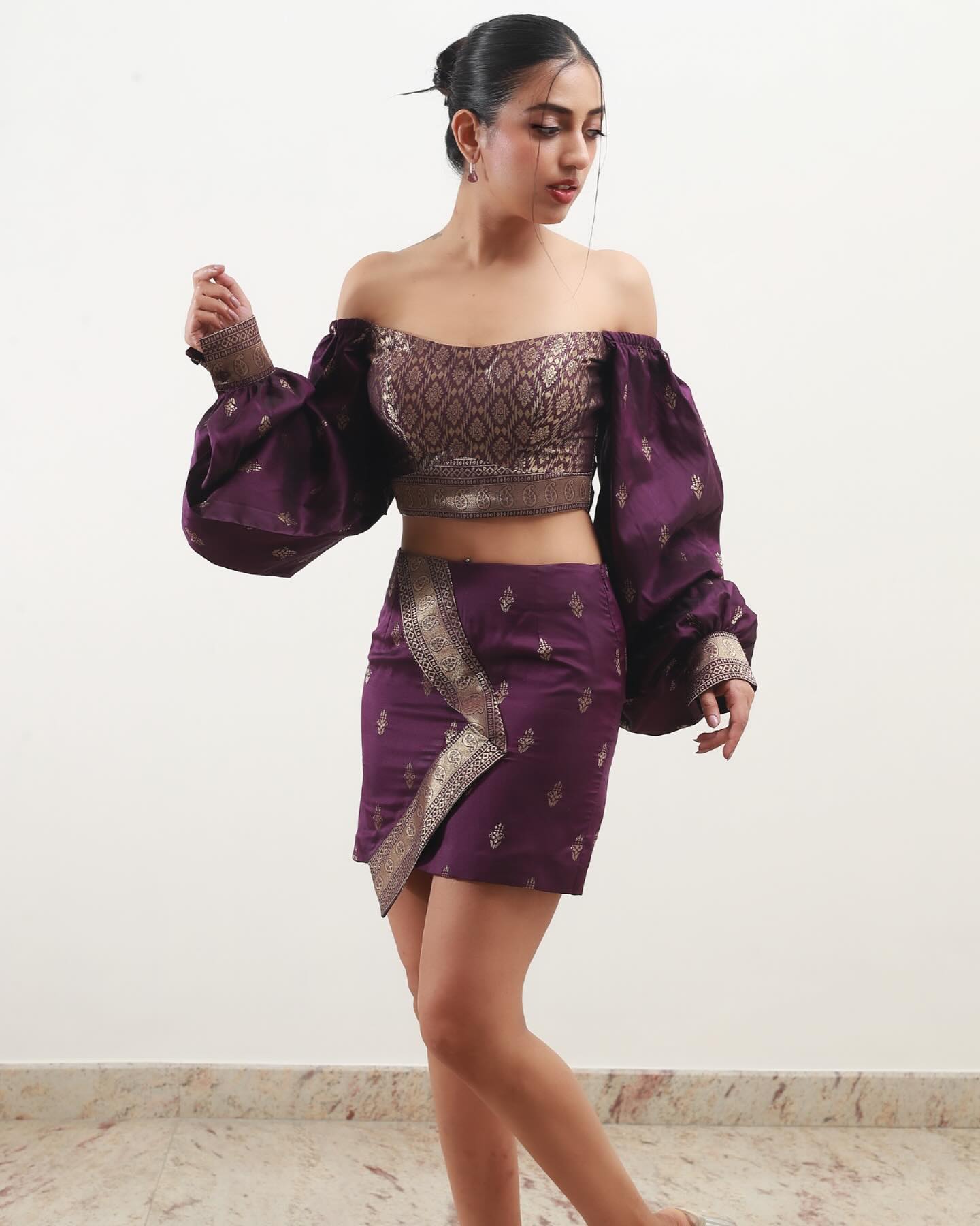 Purple Off-Shoulder Crop Top & Skirt Set