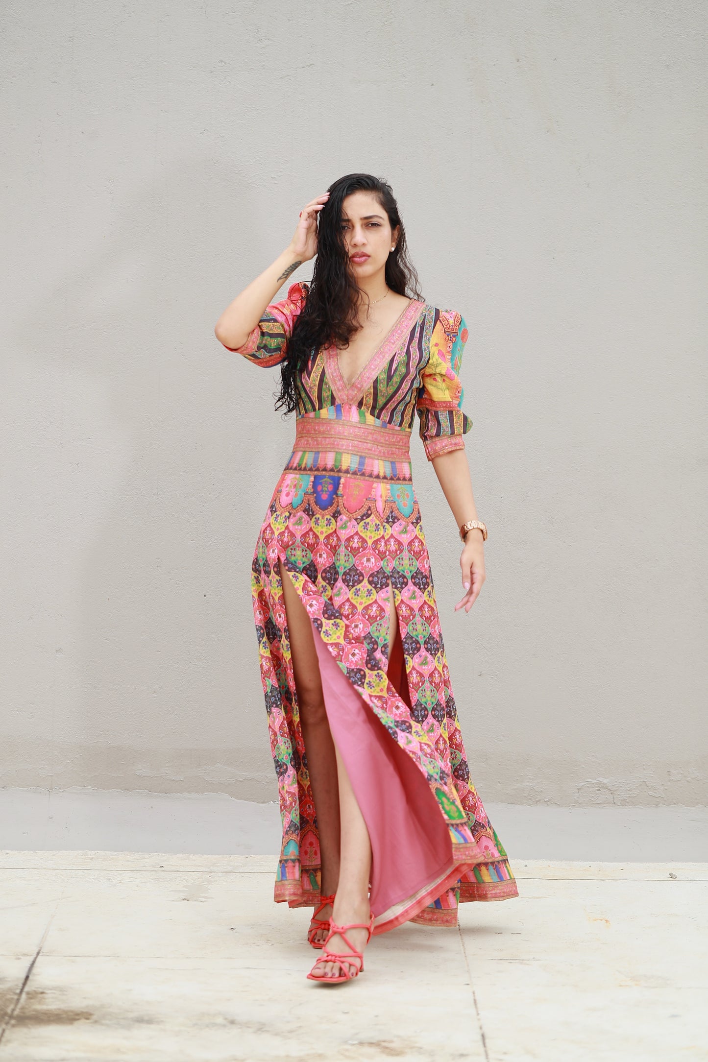 Dress With High Front Slits & Colourful Indian Motifs