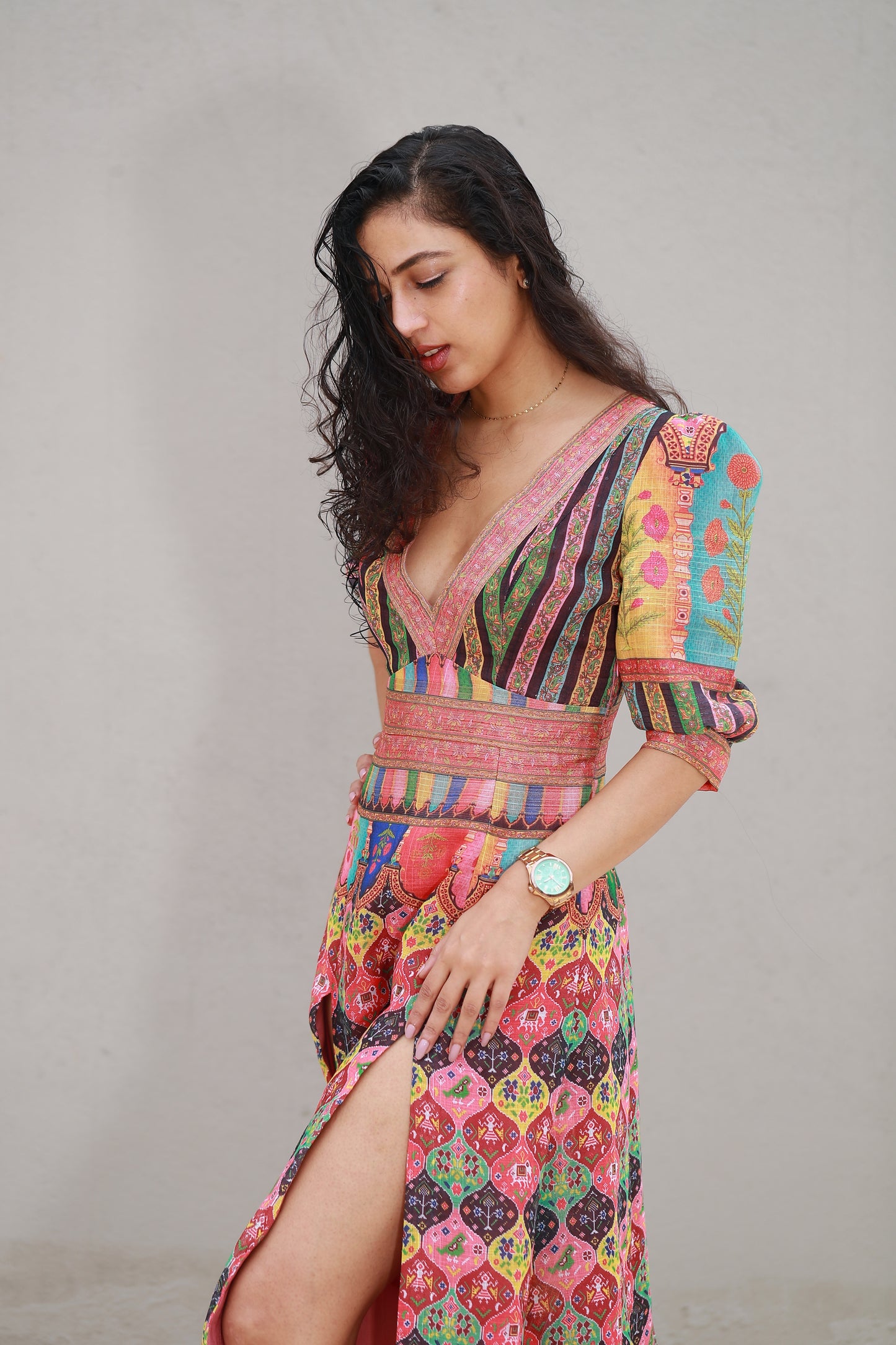 Dress With High Front Slits & Colourful Indian Motifs