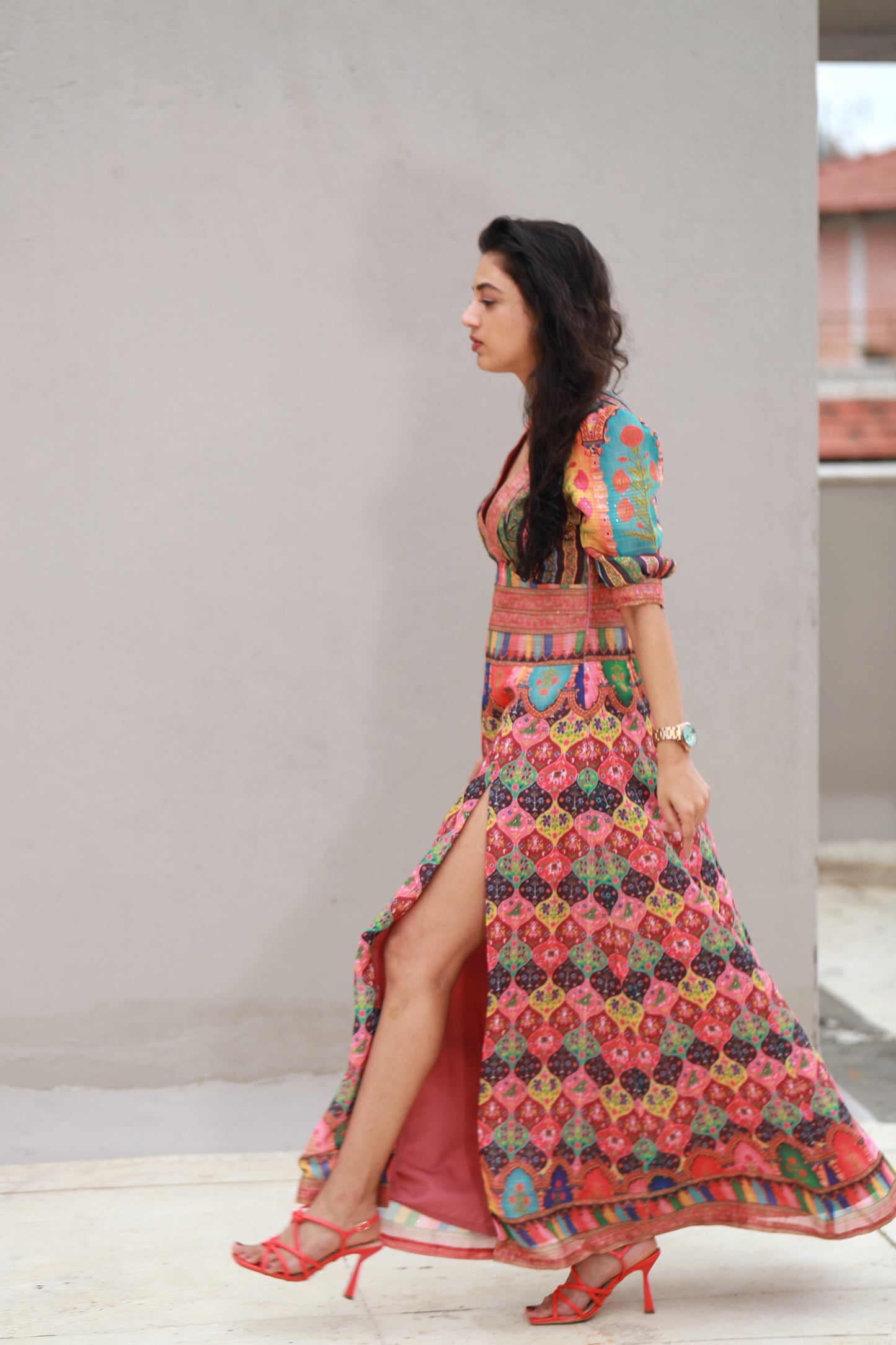 Dress With High Front Slits & Colourful Indian Motifs