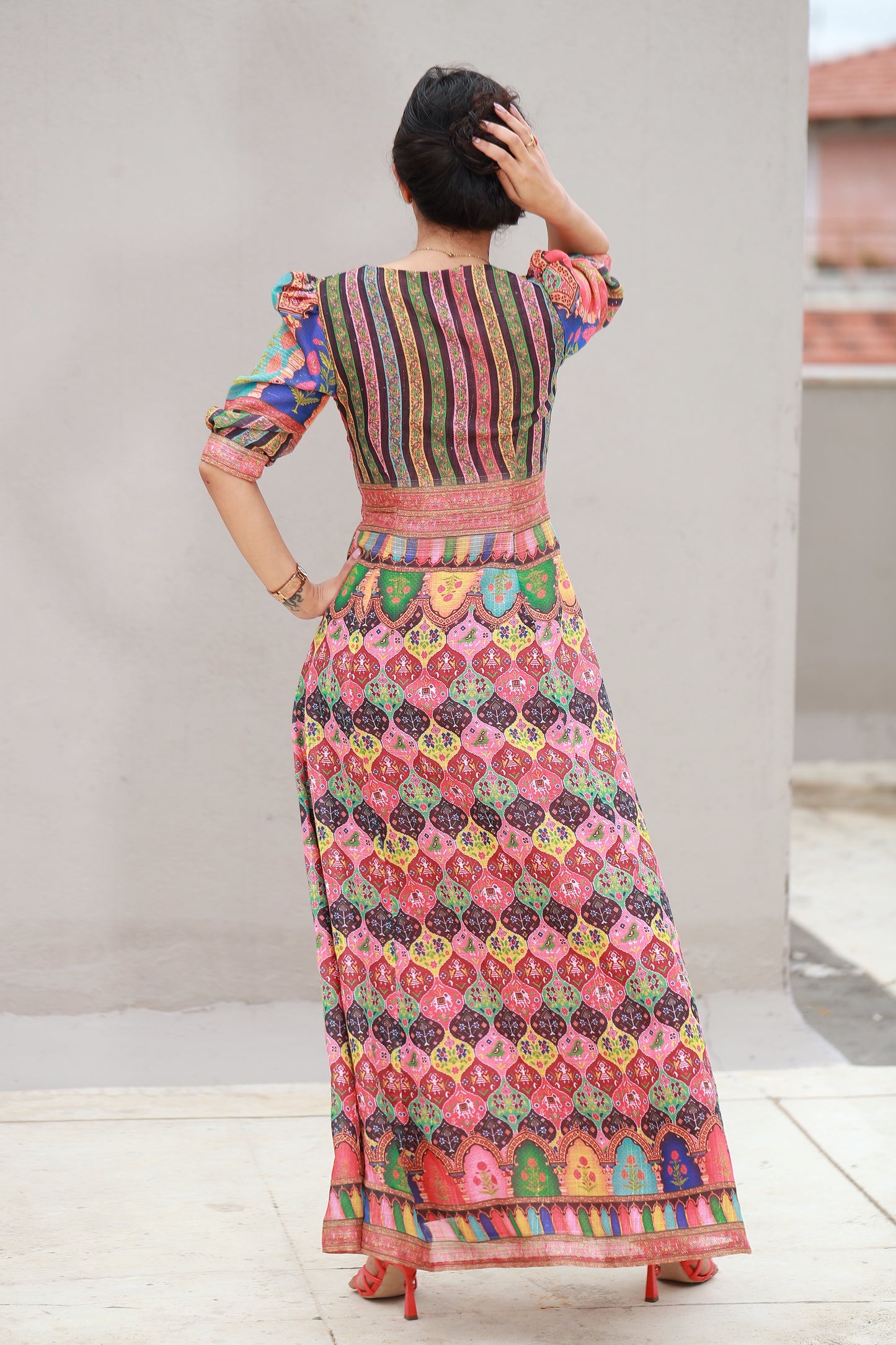 Dress With High Front Slits & Colourful Indian Motifs