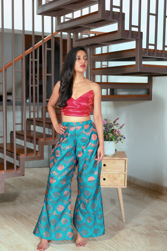 Bell Bottom Trousers In Electric Blue With Copper Motifs