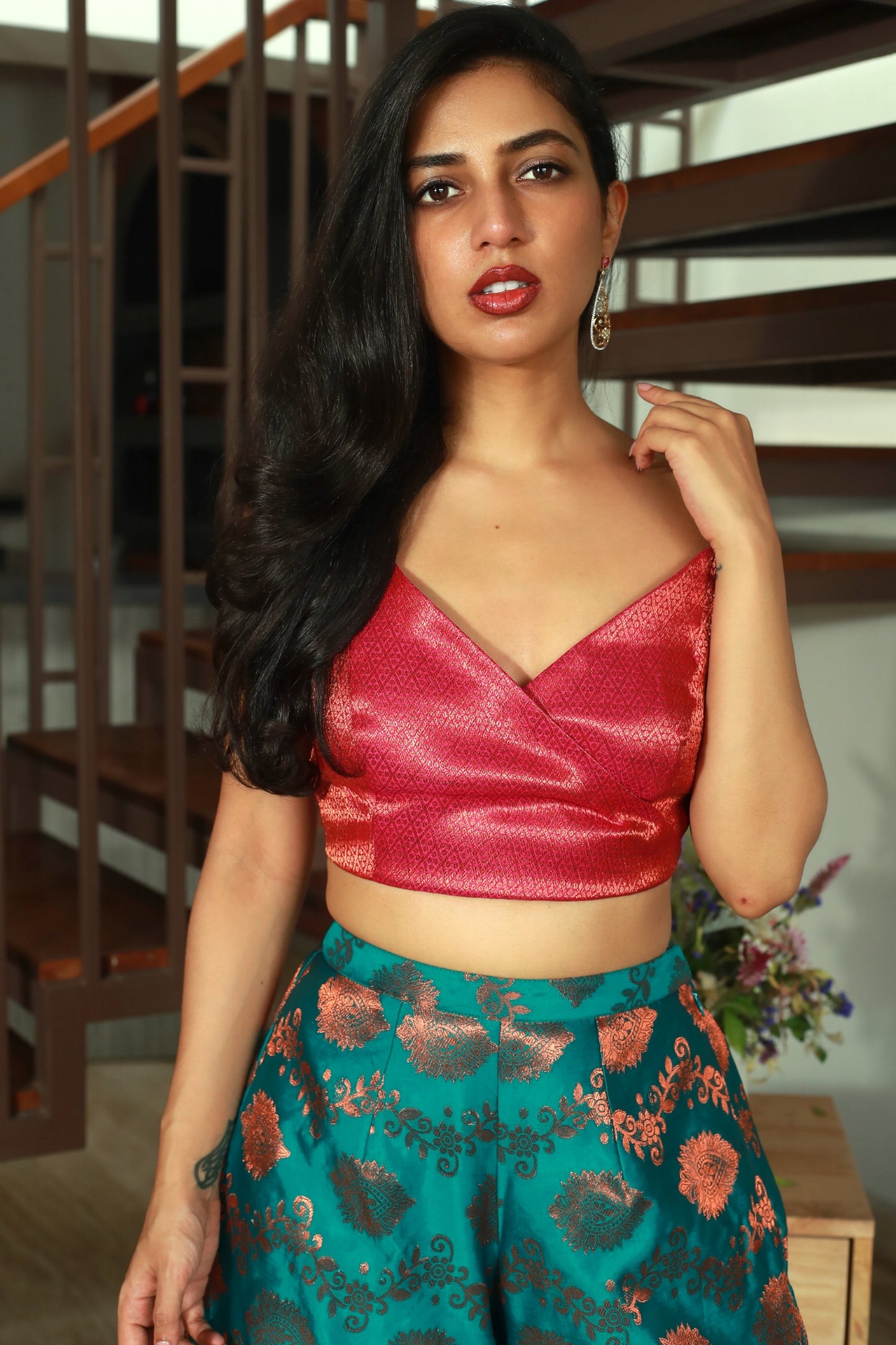 Bright Pink Cropped Bustiere With Gold Thread Work