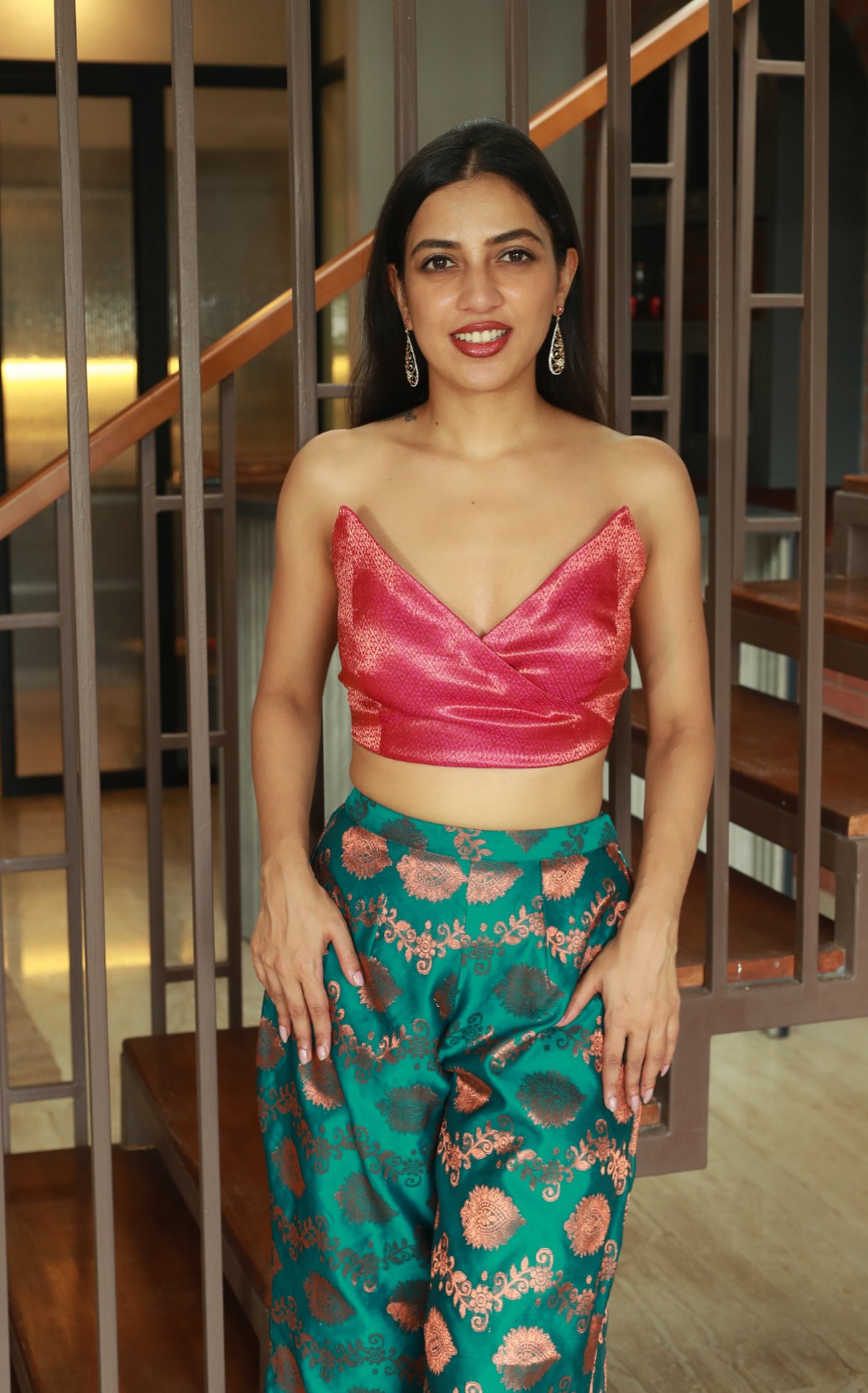 Bright Pink Cropped Bustiere With Gold Thread Work