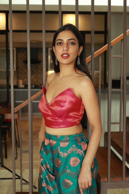 Bright Pink Cropped Bustiere With Gold Thread Work