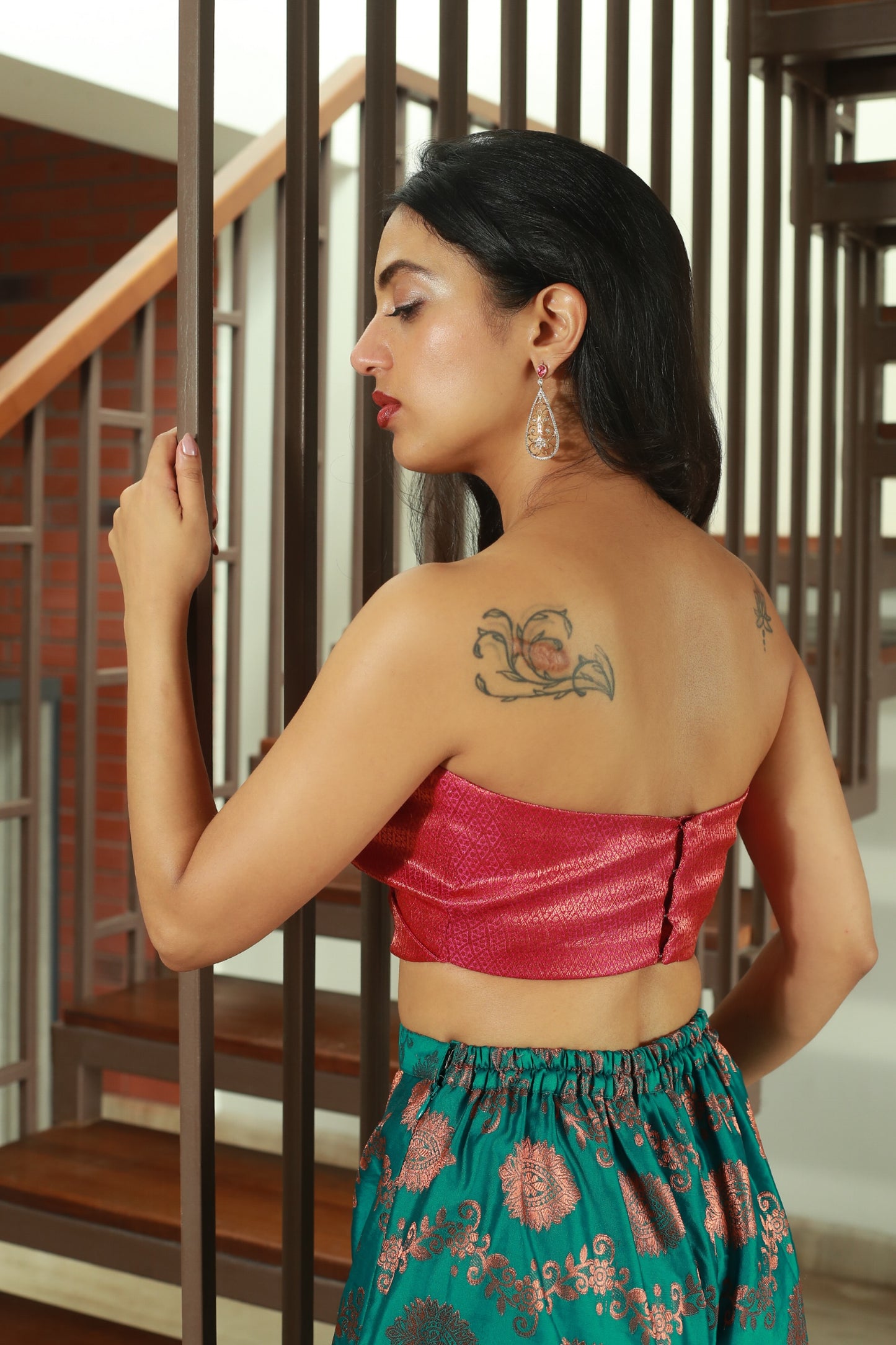 Bright Pink Cropped Bustiere With Gold Thread Work