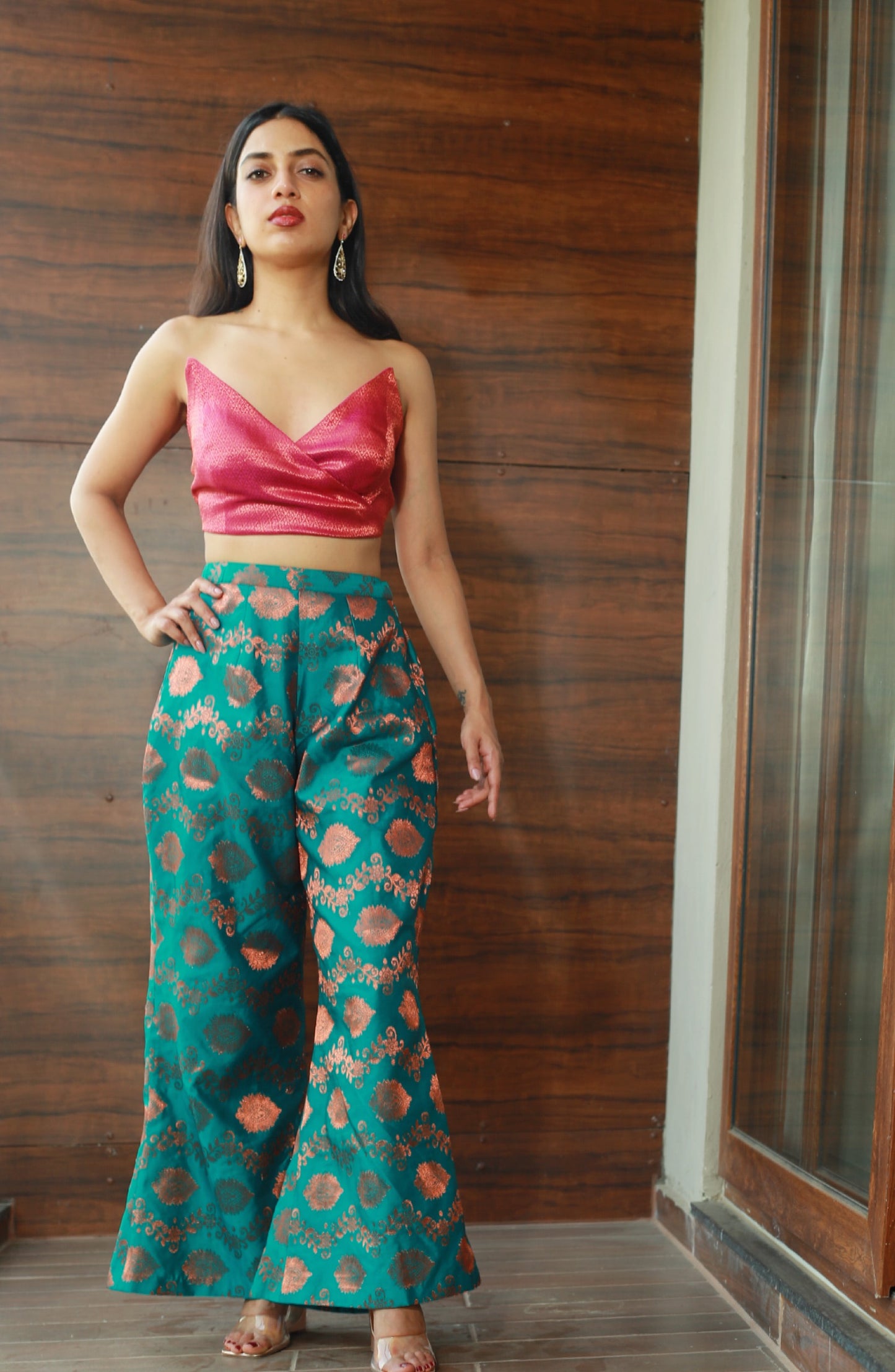 Bell Bottom Trousers In Electric Blue With Copper Motifs
