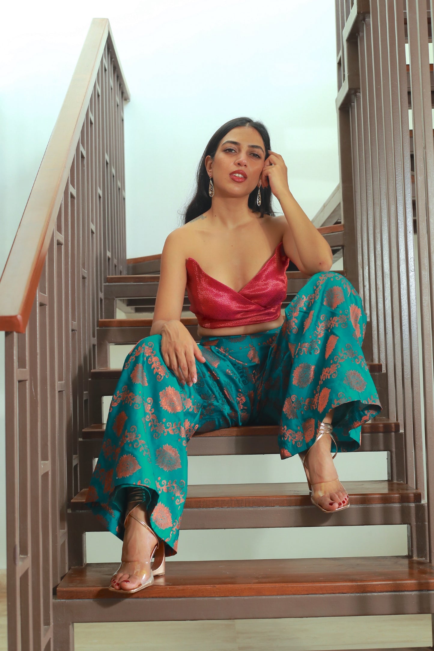 Bell Bottom Trousers In Electric Blue With Copper Motifs