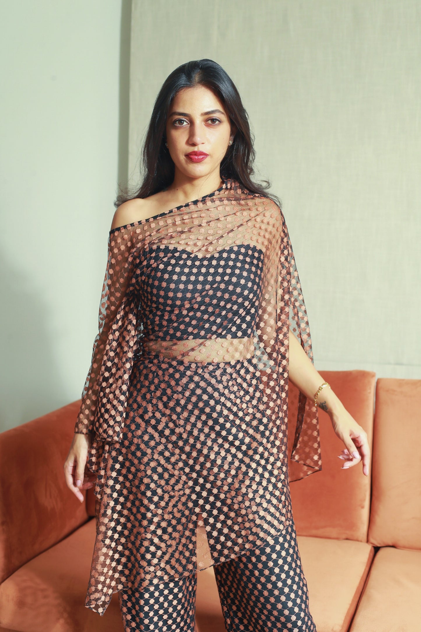 asymmetric off-shoulder mesh top