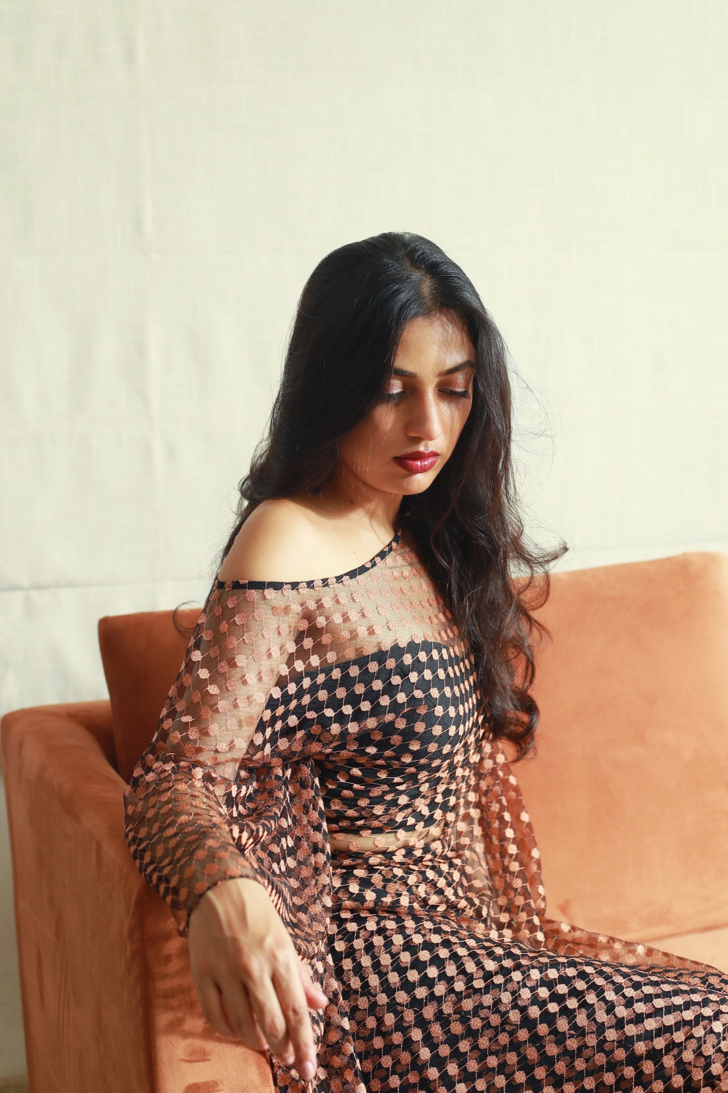 Off-Shoulder Asymmetric Mesh Top