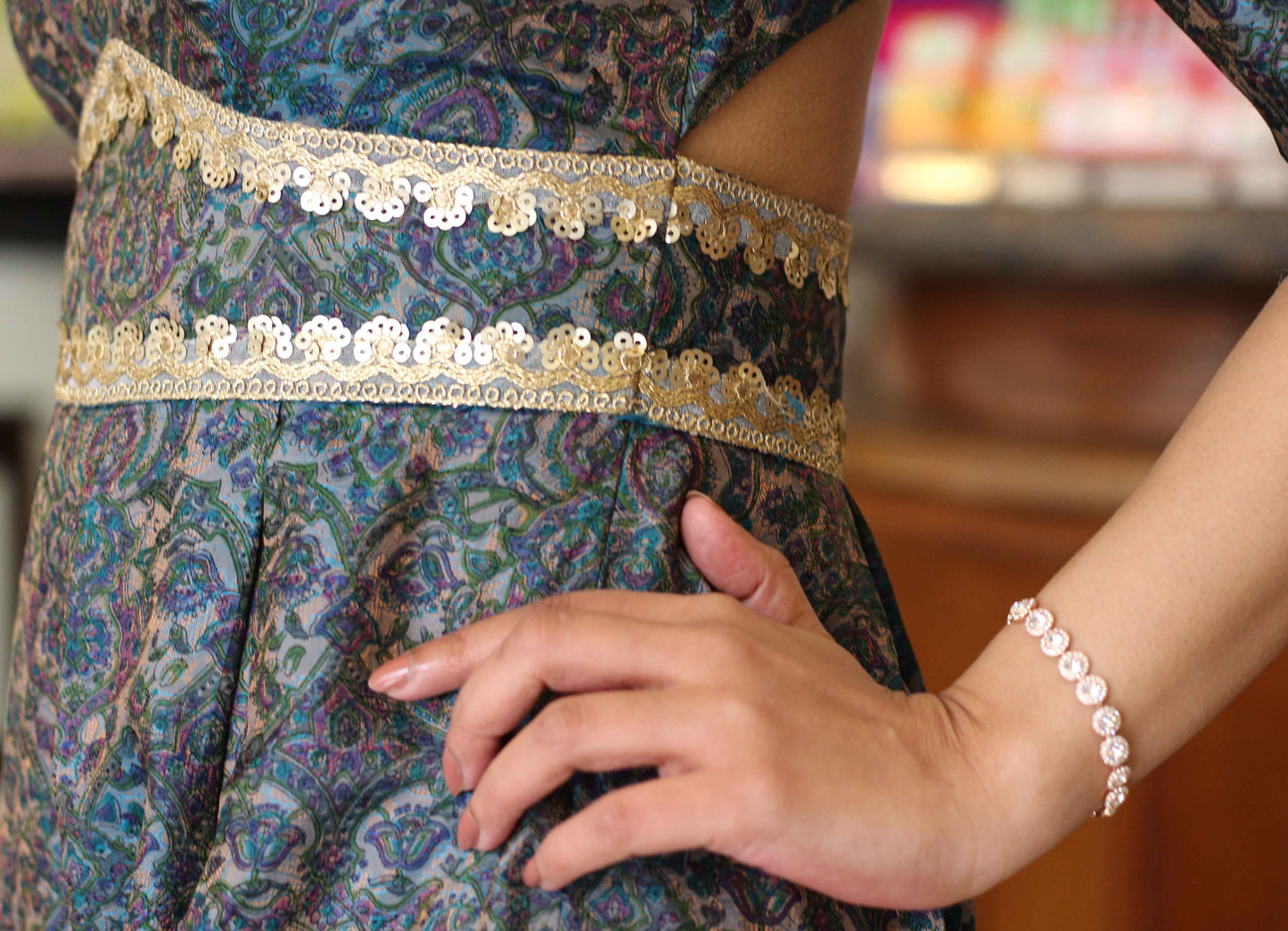 Jacquard Silk Embellished Blue Jumpsuit