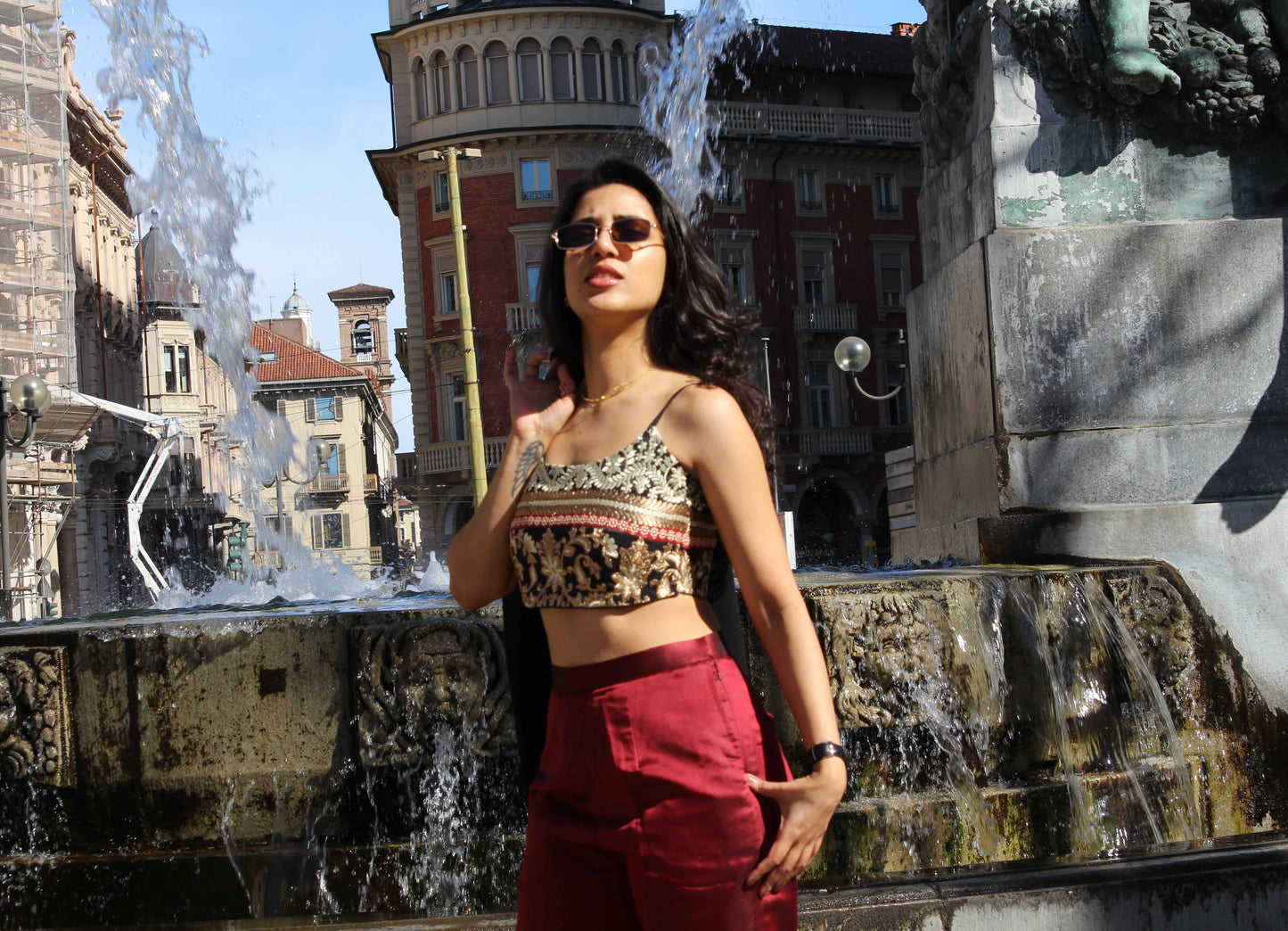 Embroidered Crop Top & Silk Pencil Pants