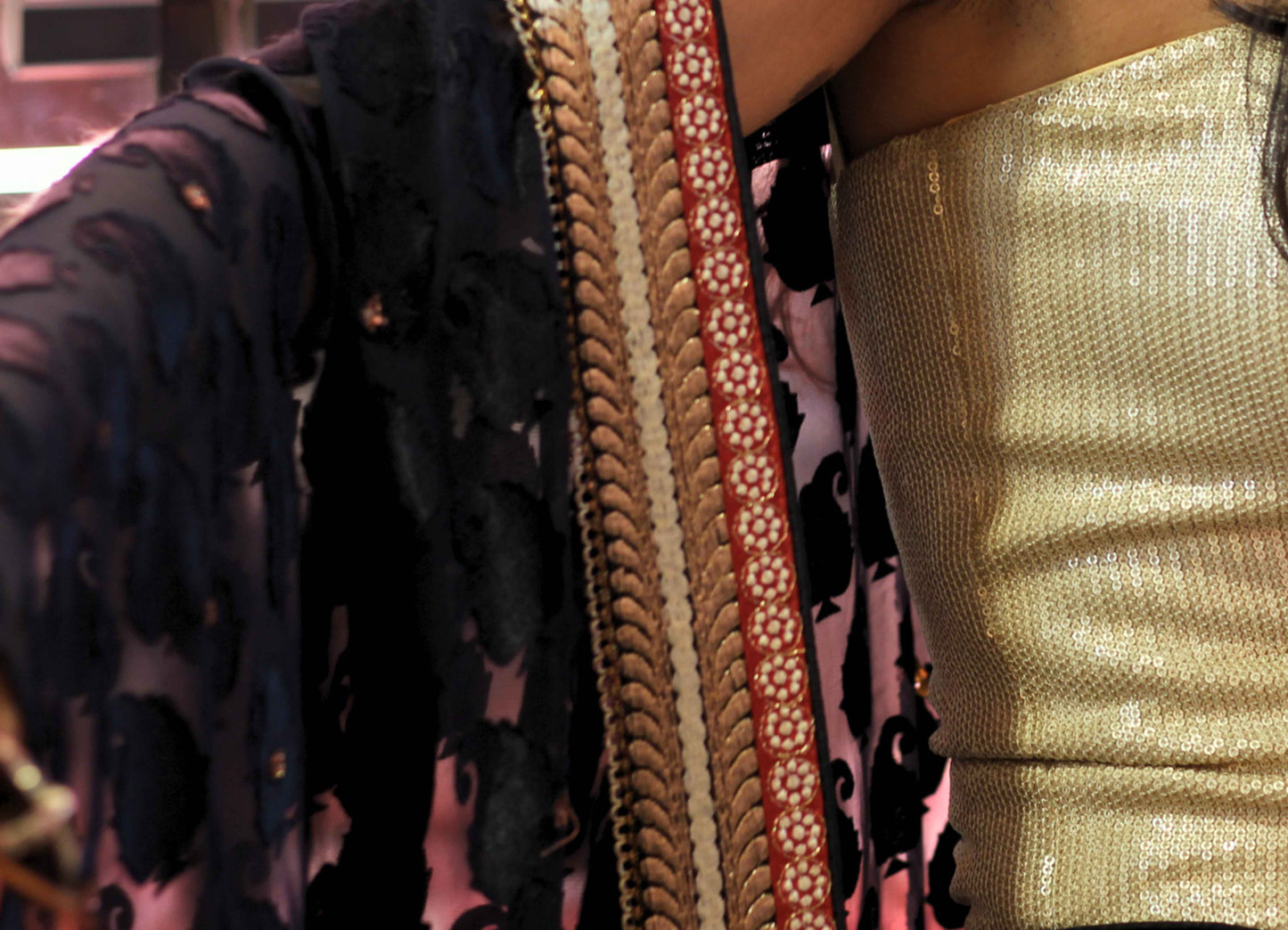 Sequinned Corset with Sheer Cape & Slit Dhoti Skirt