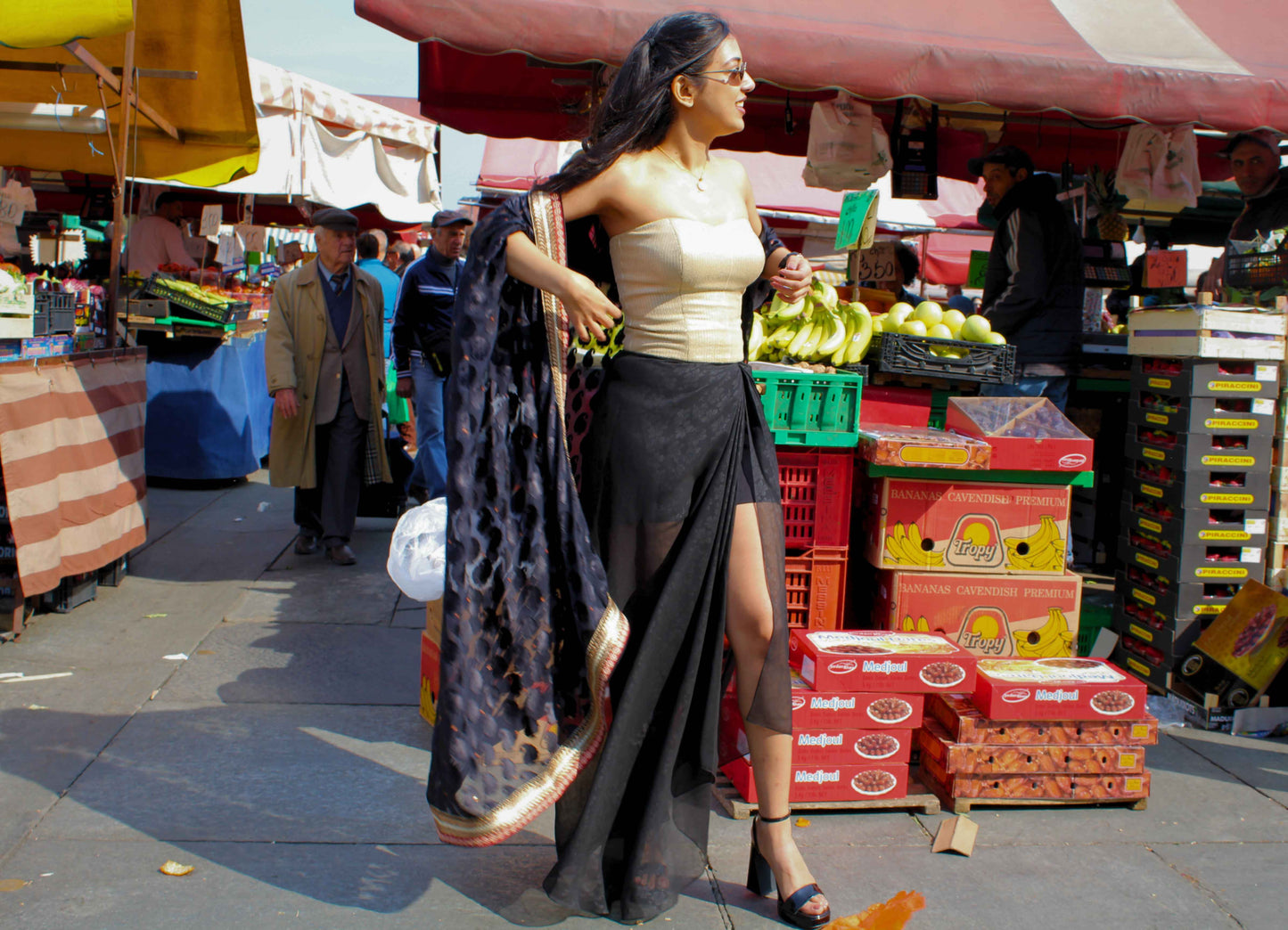 Sequinned Corset with Sheer Cape & Slit Dhoti Skirt