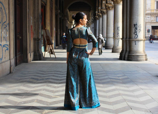 Jacquard Silk Embellished Blue Jumpsuit