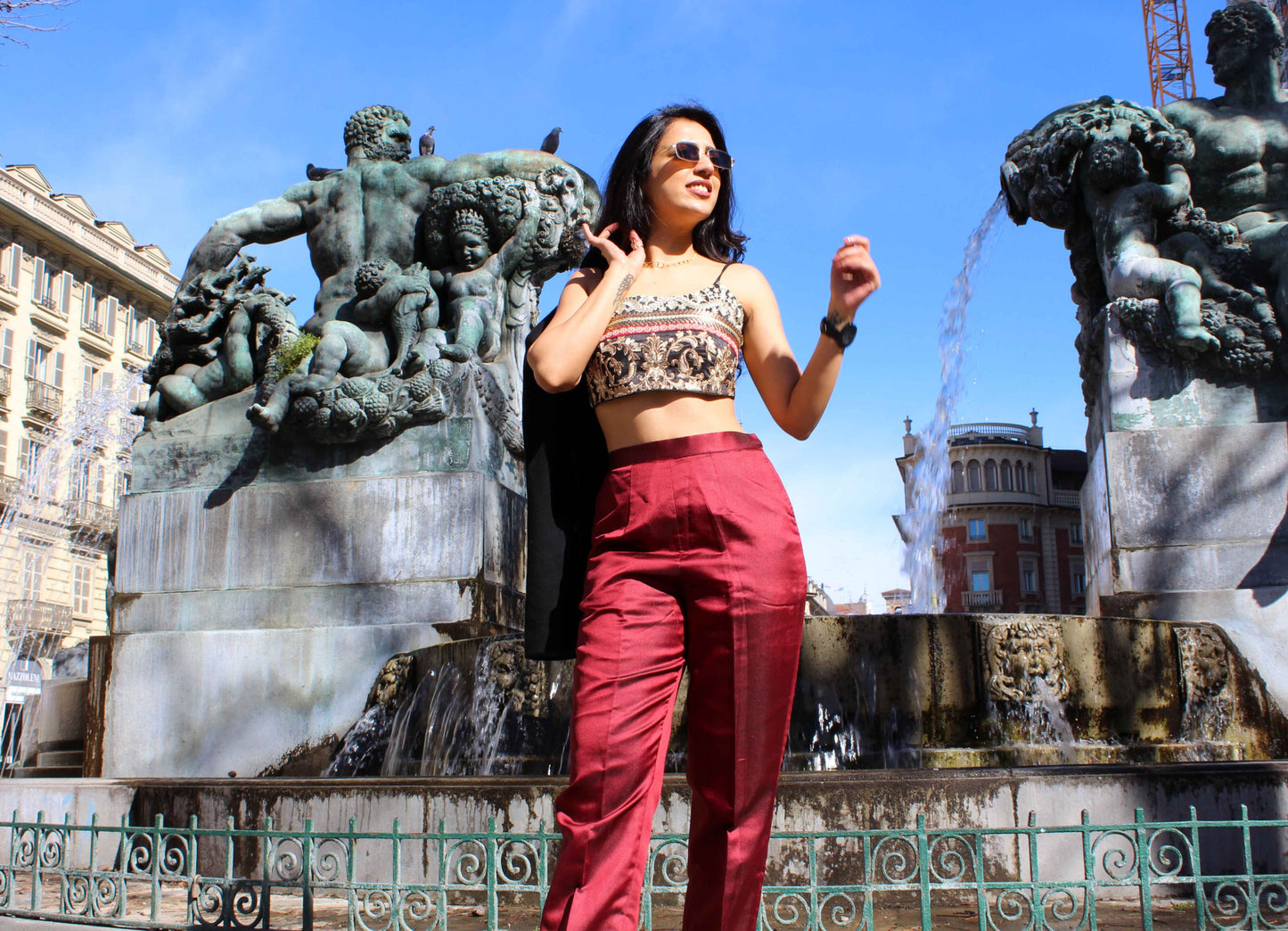 Embroidered Crop Top & Silk Pencil Pants